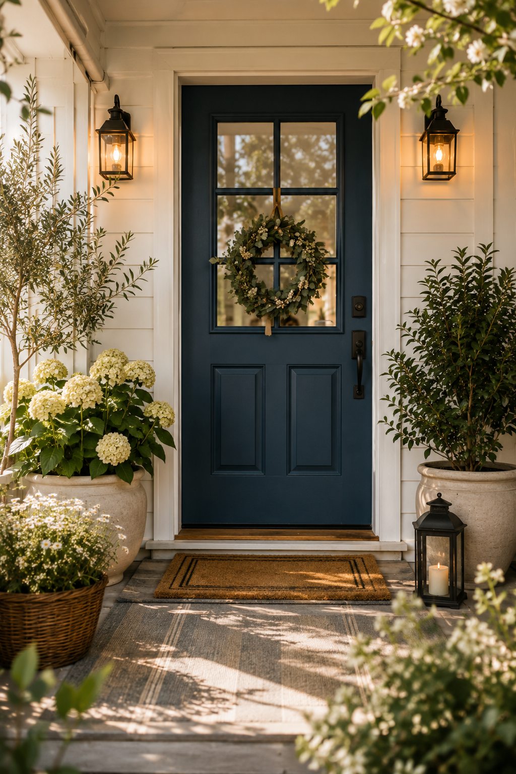 A navy front door with a wreath, lanterns and potted plants on a welcoming porch