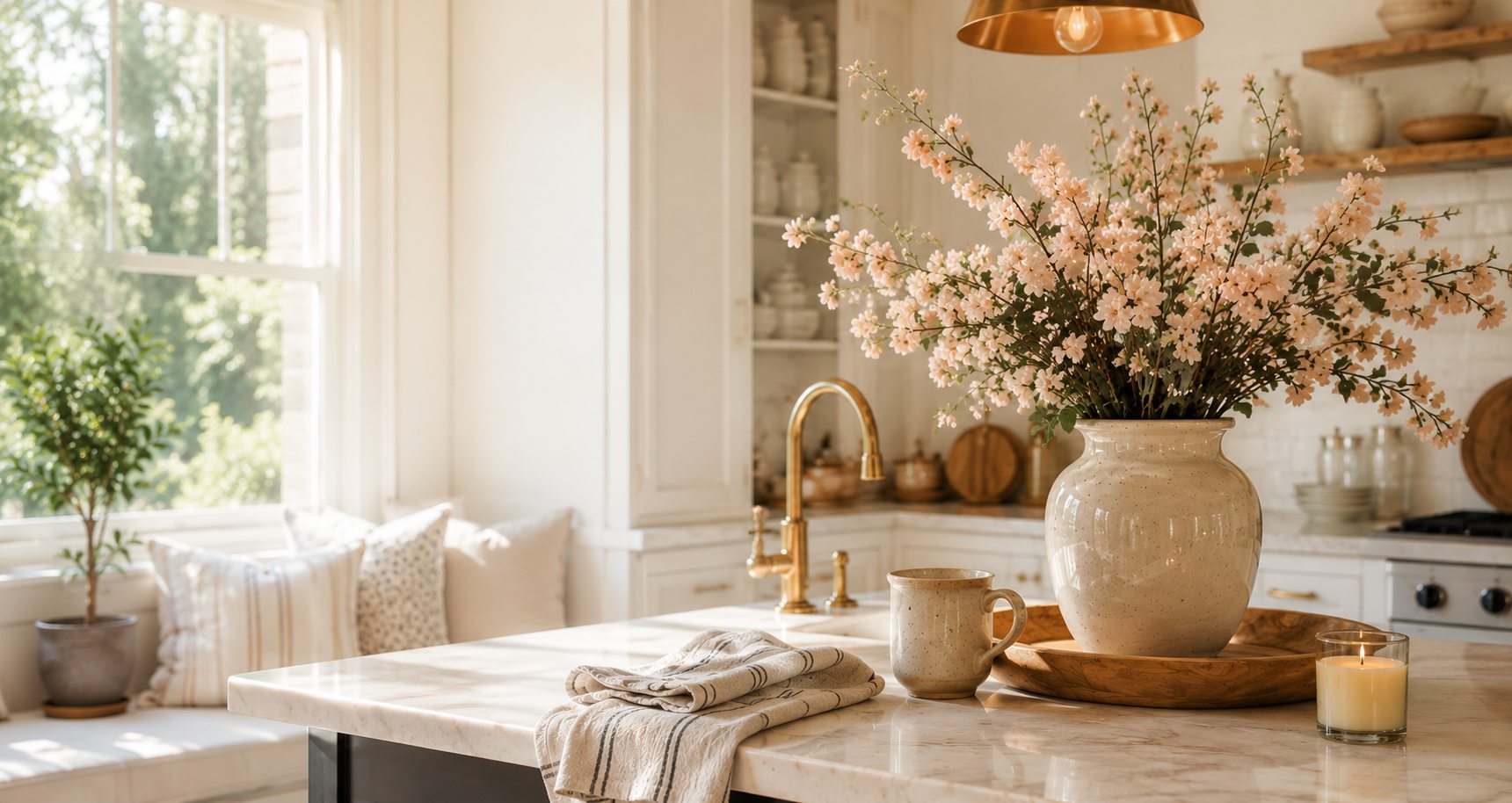 A sunlit kitchen with a vase of pink blossoms on the counter, a lit candle and a cozy window seat