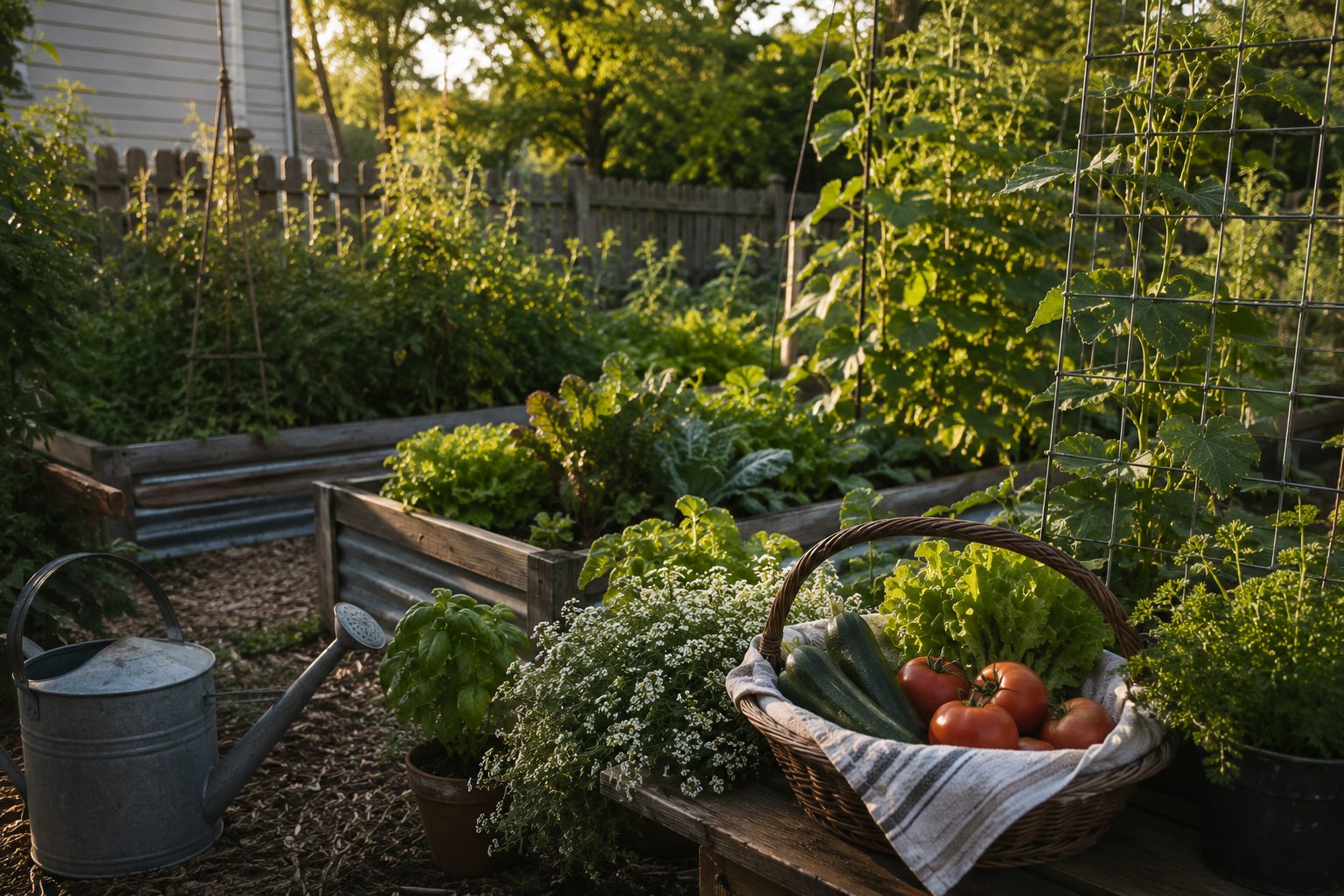 A raised-bed vegetable garden with a basket of fresh tomatoes and cucumbers and a metal watering can