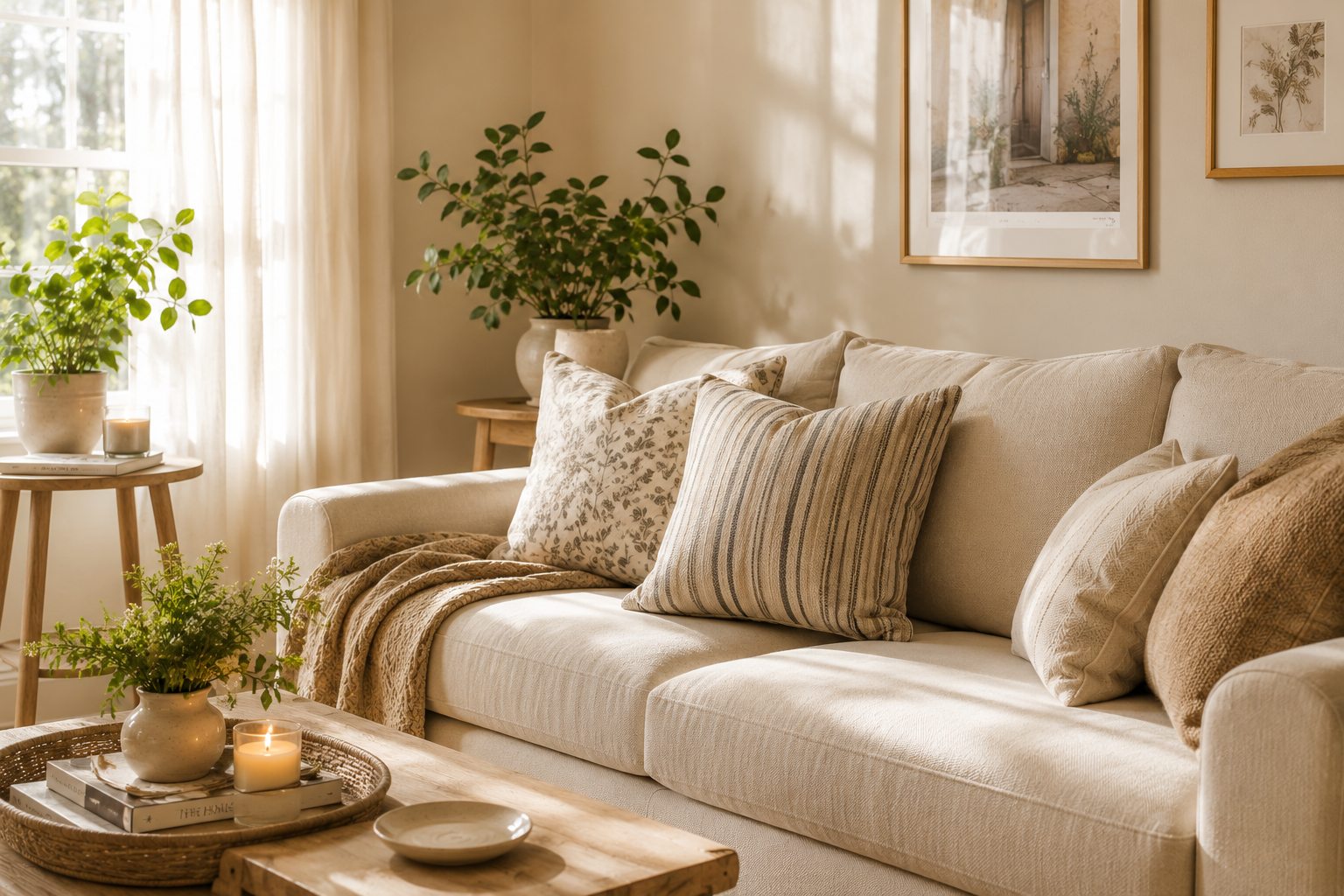 A bright living room with a cream sofa, patterned pillows and potted plants