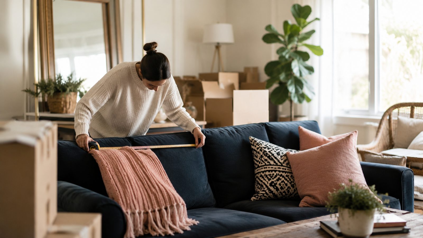 Person measuring the length of a sofa with a tape measure in a sunlit living room