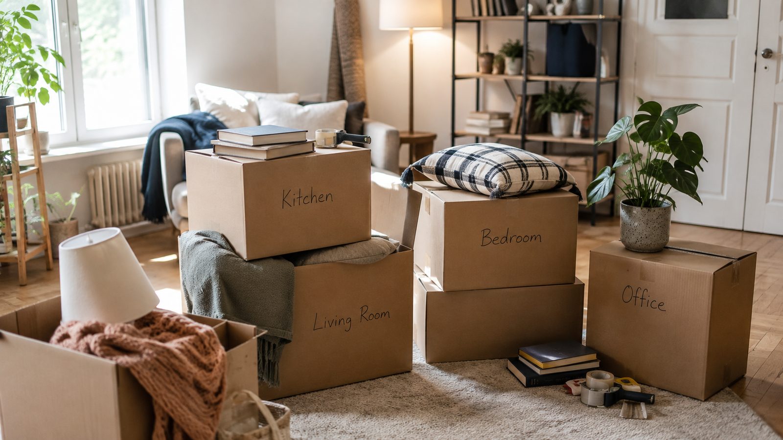 Cardboard boxes labeled Kitchen, Bedroom, Living Room and Office stacked in a living room during packing