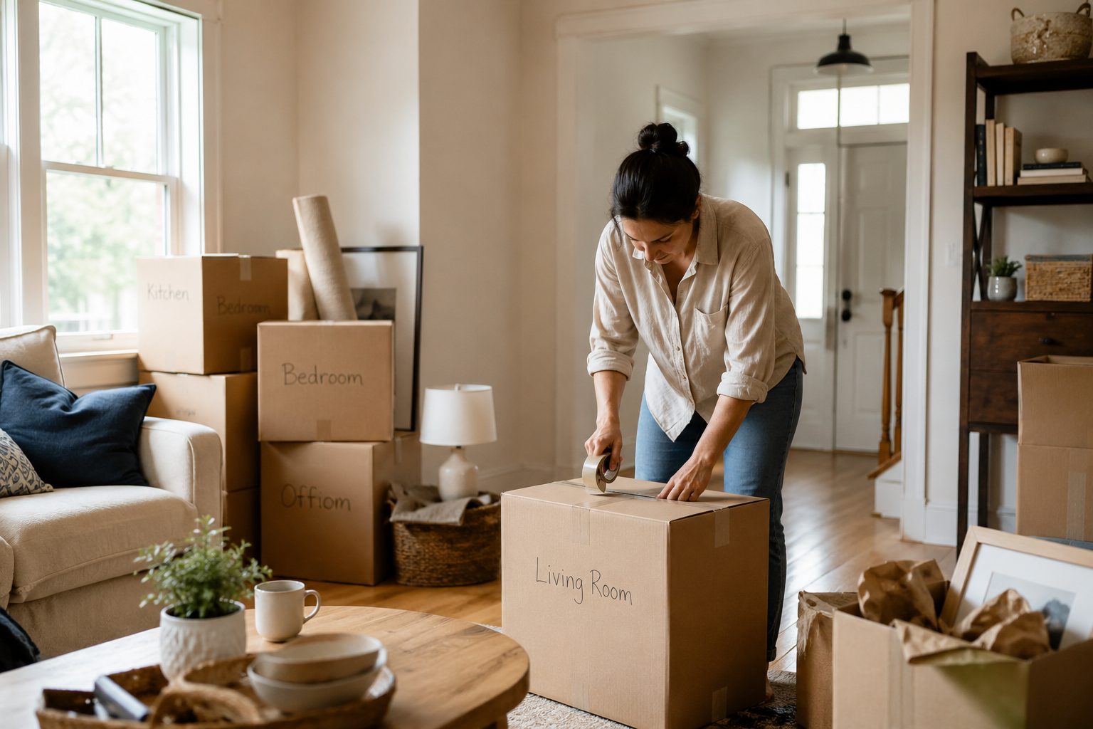 Person sealing a moving box labeled Living Room with packing tape in the entryway of a home