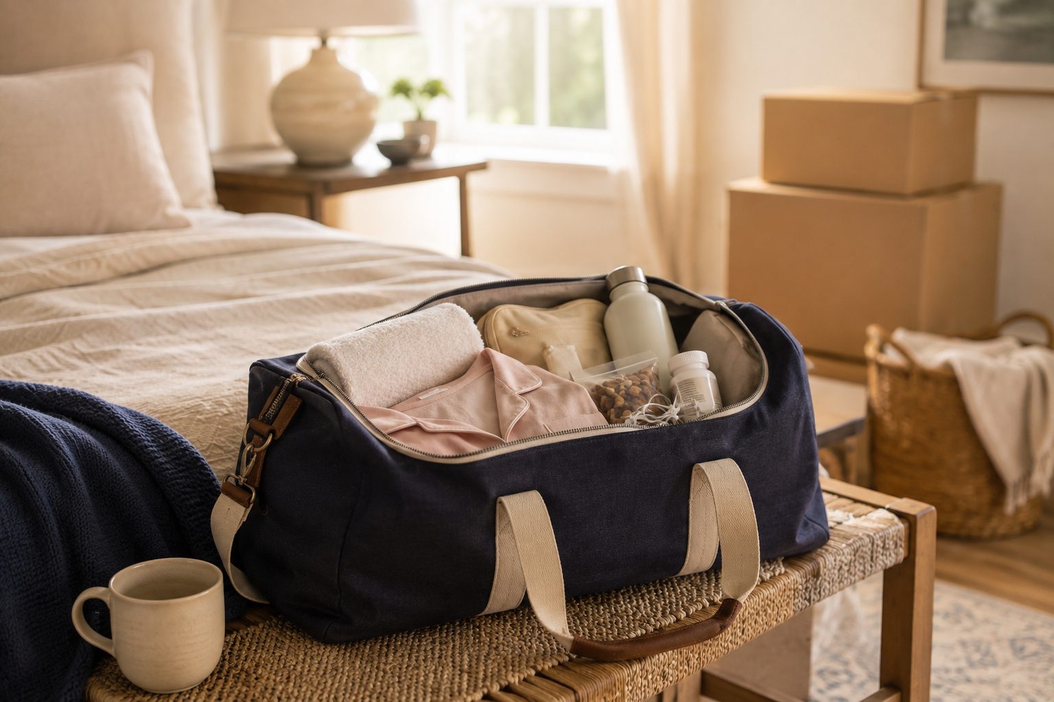 Navy duffel bag packed as a first night bag on a bench beside a mug and stacked moving boxes