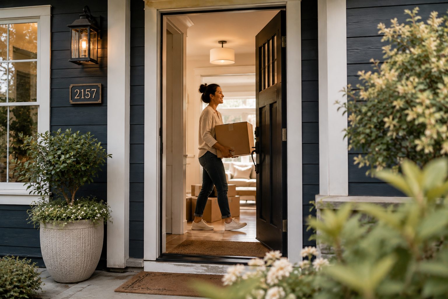 Person carrying a moving box through the front door of a navy blue house