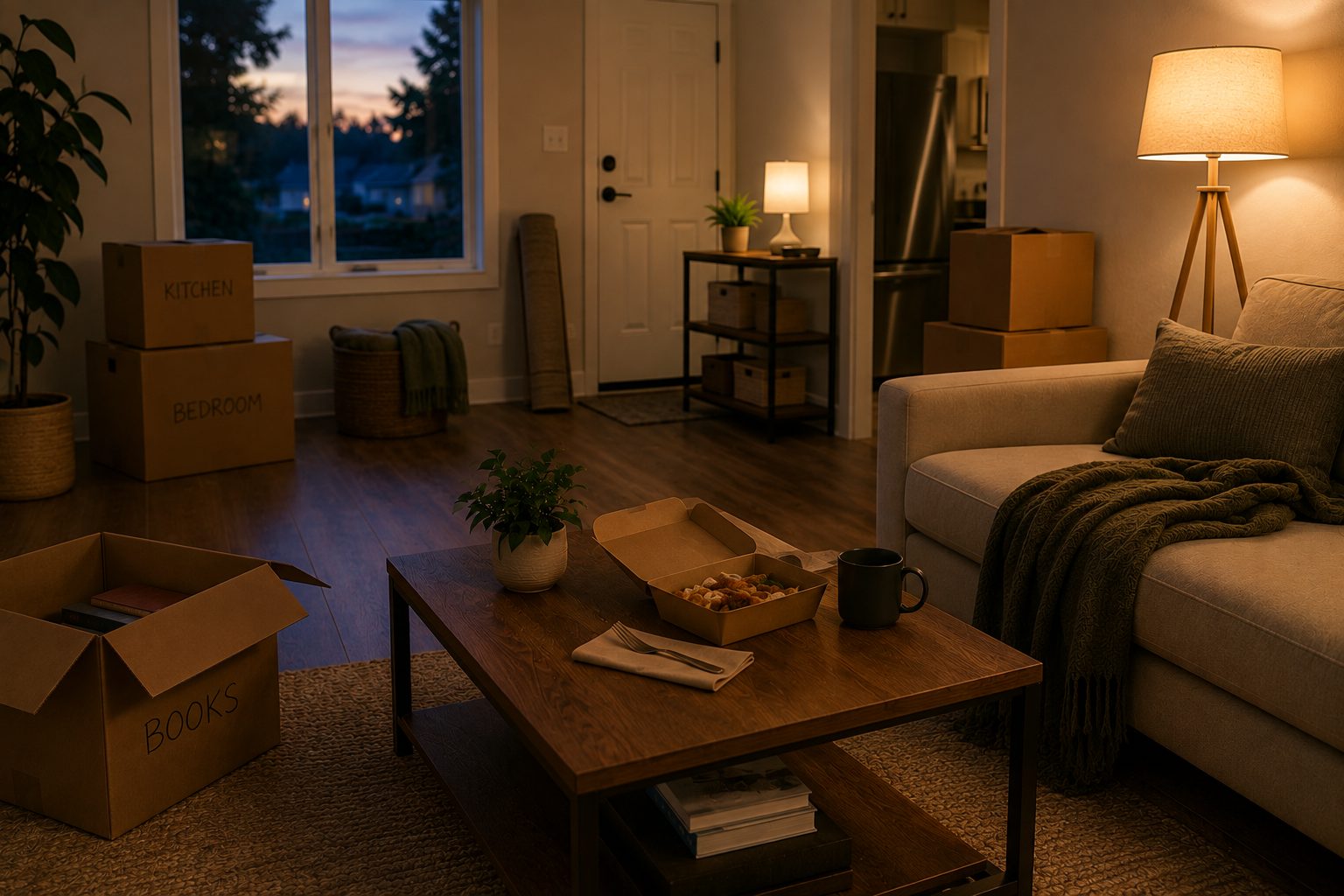 Living room on the first night in a new home, lamp lit at dusk with a few boxes still unpacked