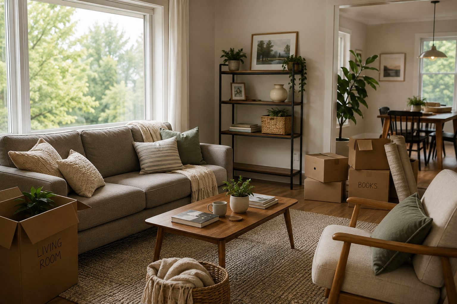 Furnished living room with artwork, plants and a few remaining moving boxes as a new home comes together