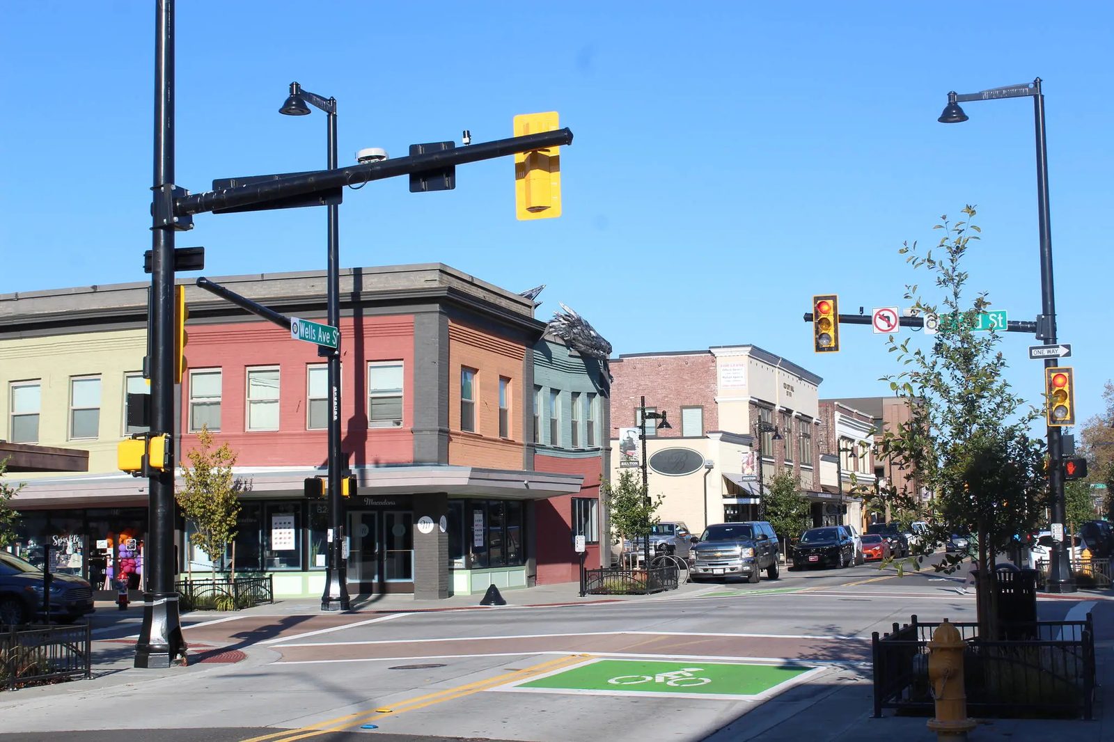 Historic brick storefronts at an intersection in downtown Renton, Washington
