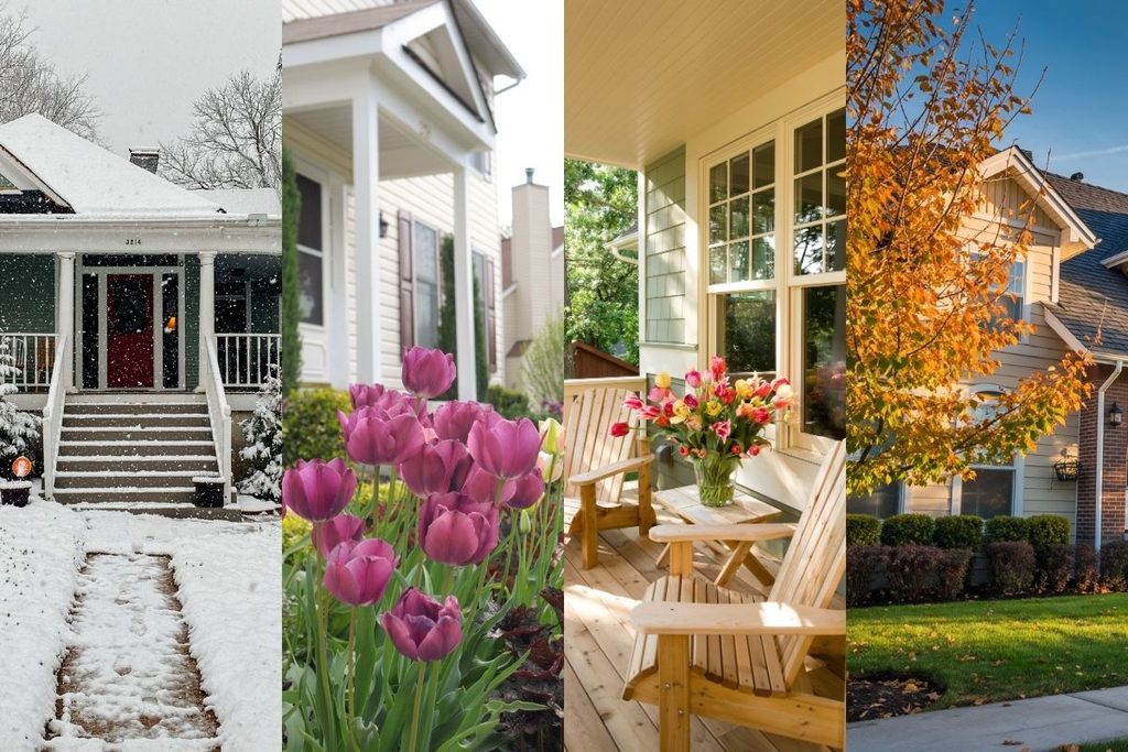 Four-season collage showing a home and residential setting in winter, spring, summer and fall.