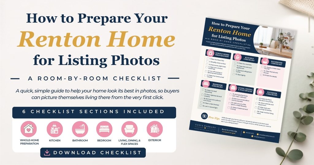 How to Prepare Your Renton Home for Listing Photos: a room-by-room checklist with six sections and a Download Checklist button