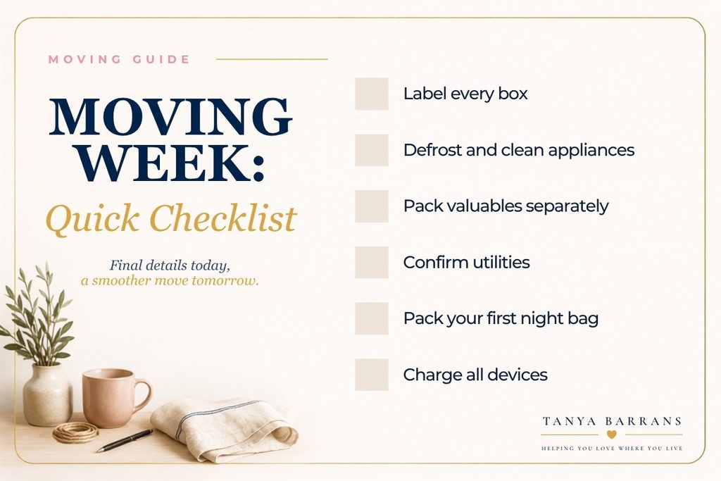 Moving Week quick checklist: label every box, defrost and clean appliances, pack valuables separately, confirm utilities, pack a first-night bag and charge all devices