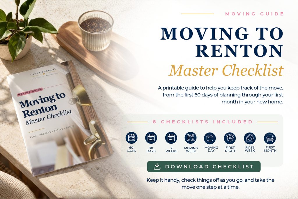 Moving to Renton Master Checklist: a printable guide with eight checklists covering the 60 days before your move through your first month, with a Download Checklist button