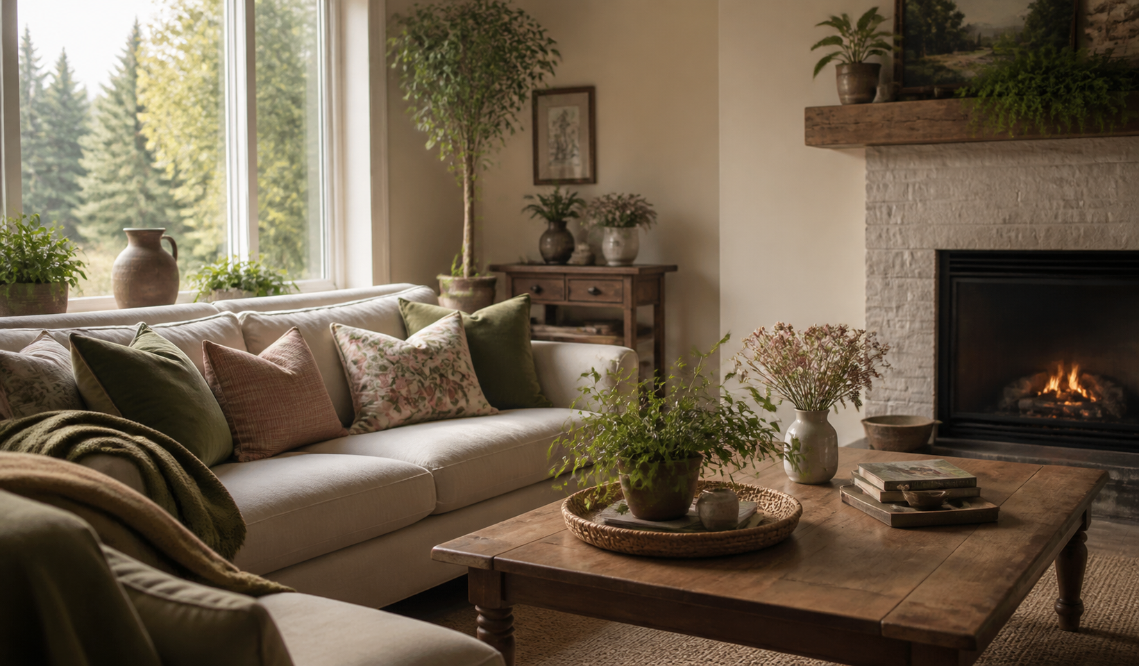 Warm living room with plants and a fireplace