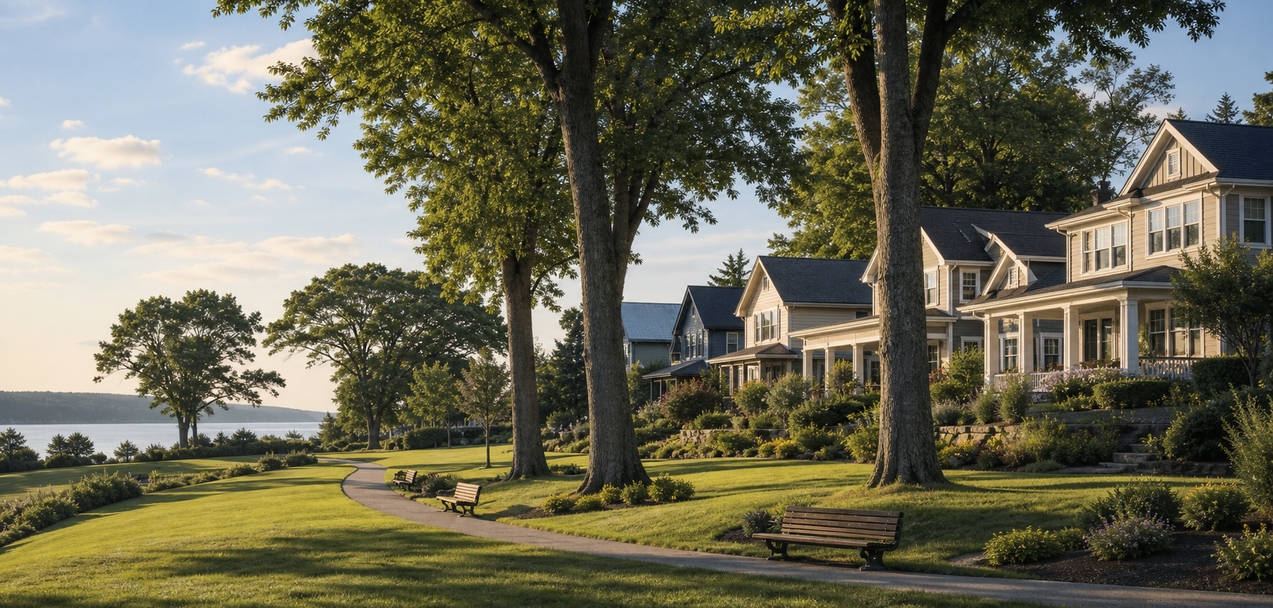 A tree-lined neighborhood park near the water