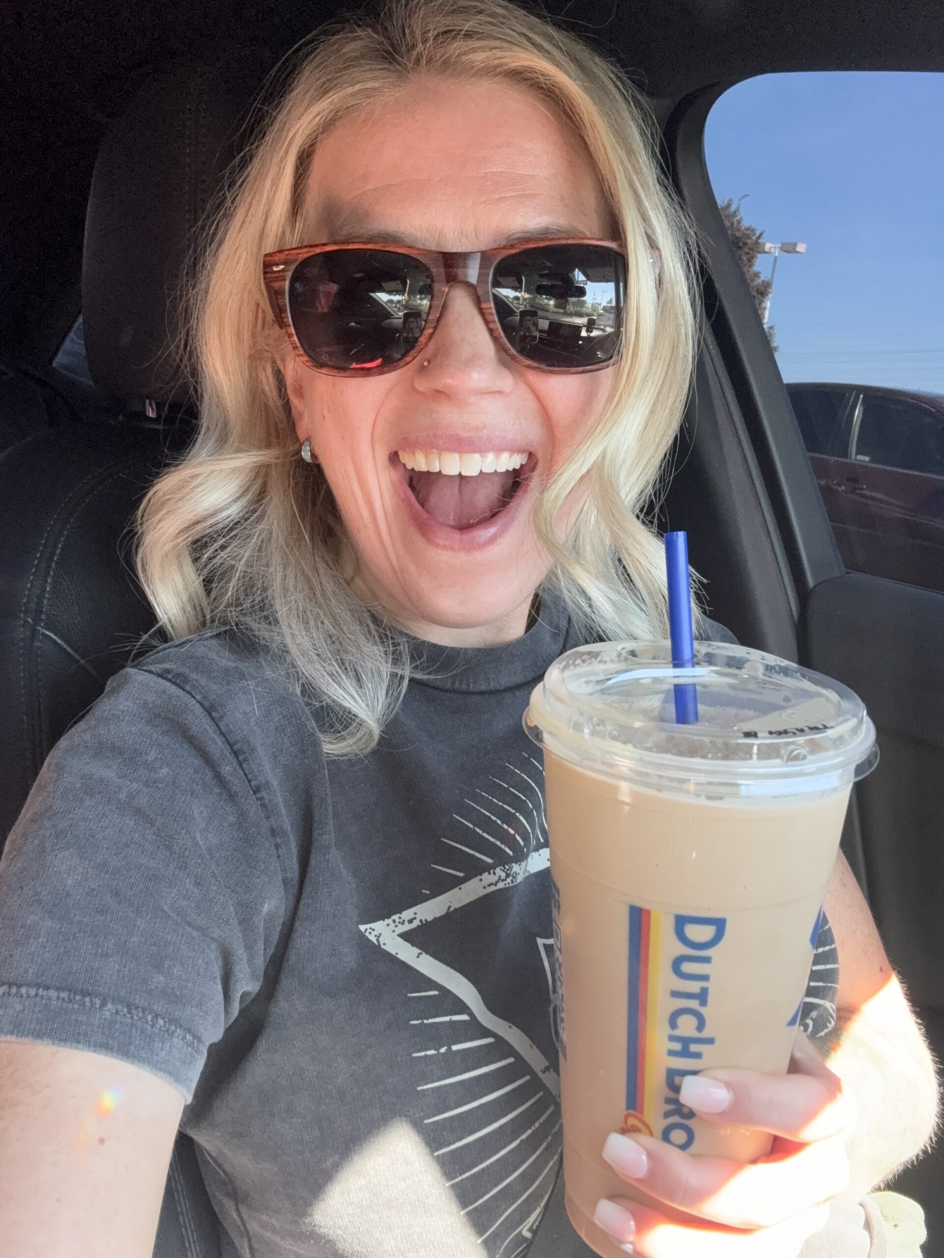 Tanya enjoying a Dutch Bros drink