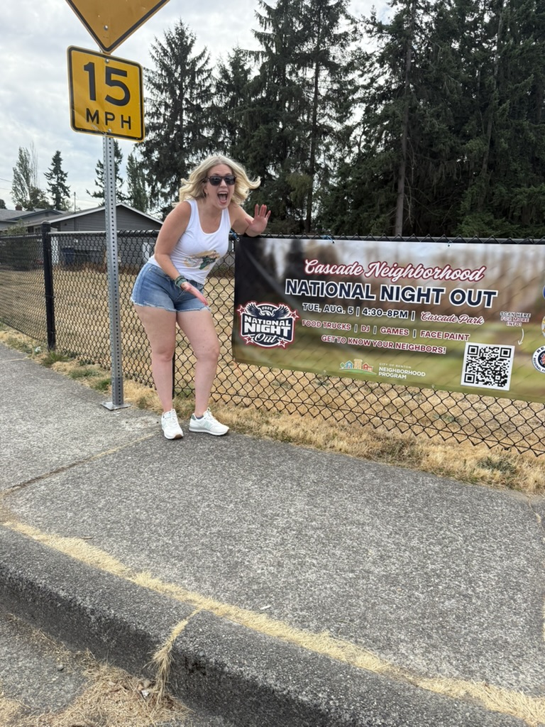 Tanya at the Cascade Neighborhood National Night Out sign