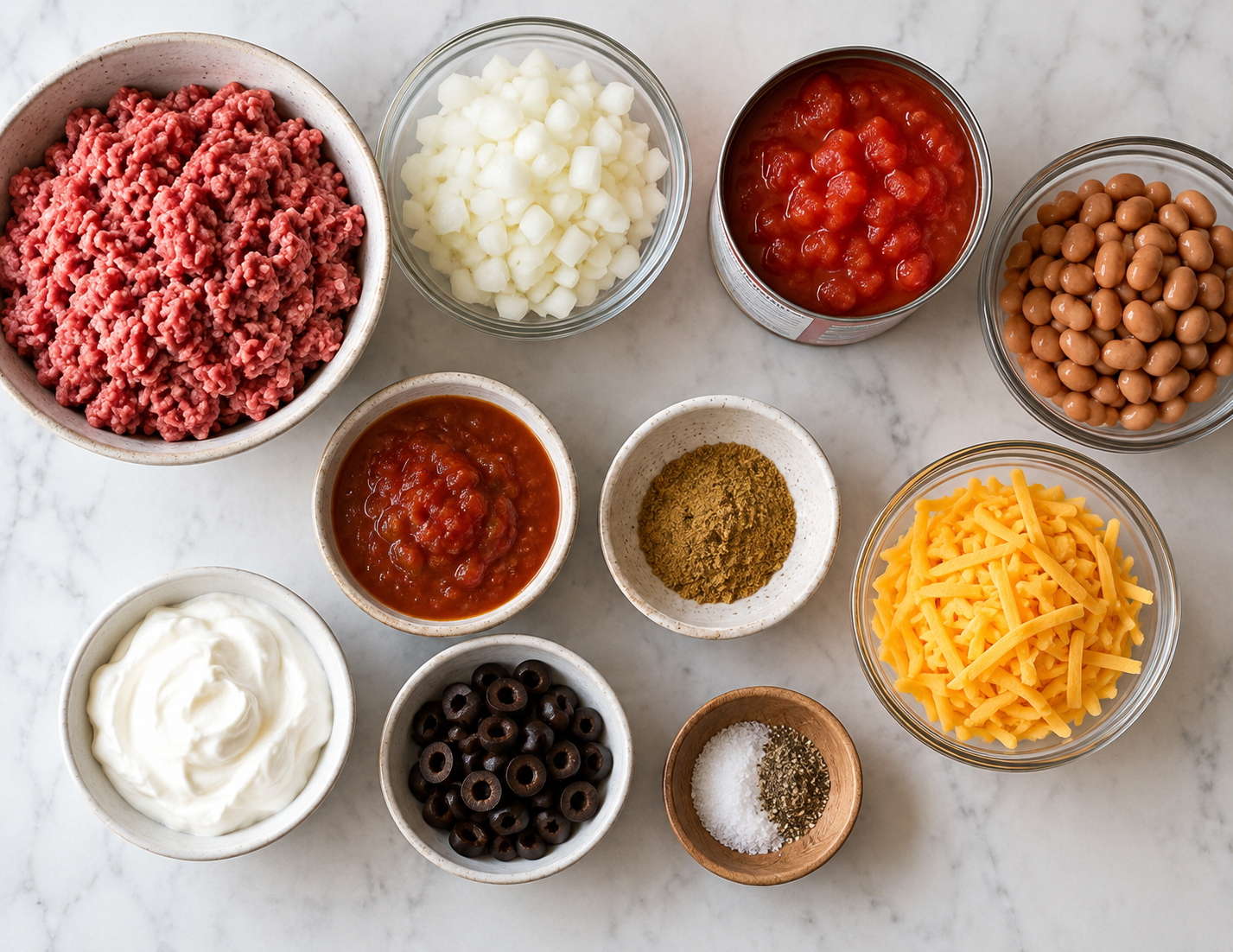 Ground turkey, onion, tomatoes, pinto beans, salsa, chili seasoning, cheese, sour cream, olives, salt, and pepper arranged on a marble counter