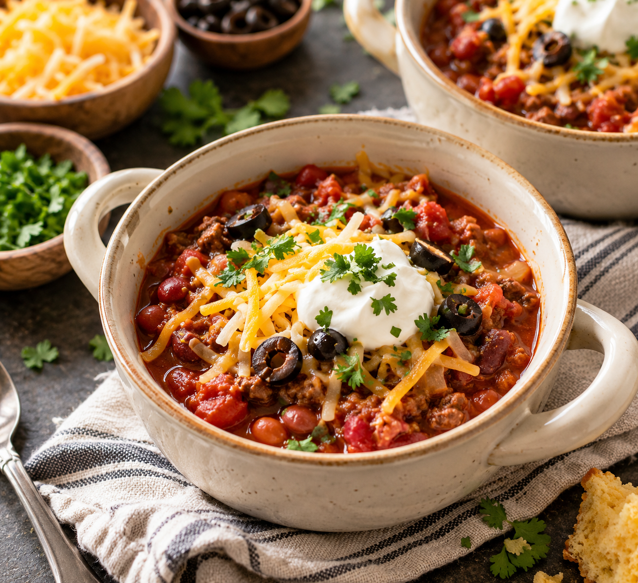 Finished bowl of homemade chili topped with cheddar cheese, sour cream, black olives, and fresh herbs