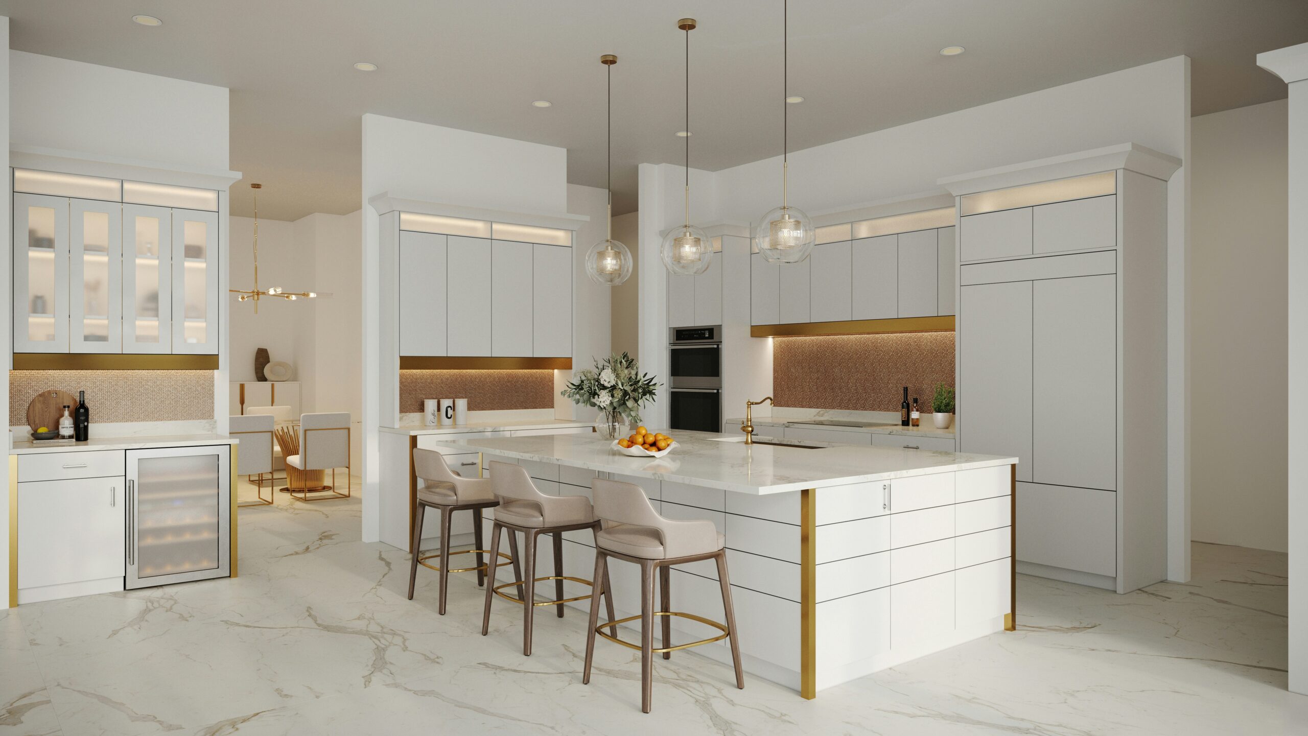 A bright white kitchen with a large island, pendant lights and bar stools