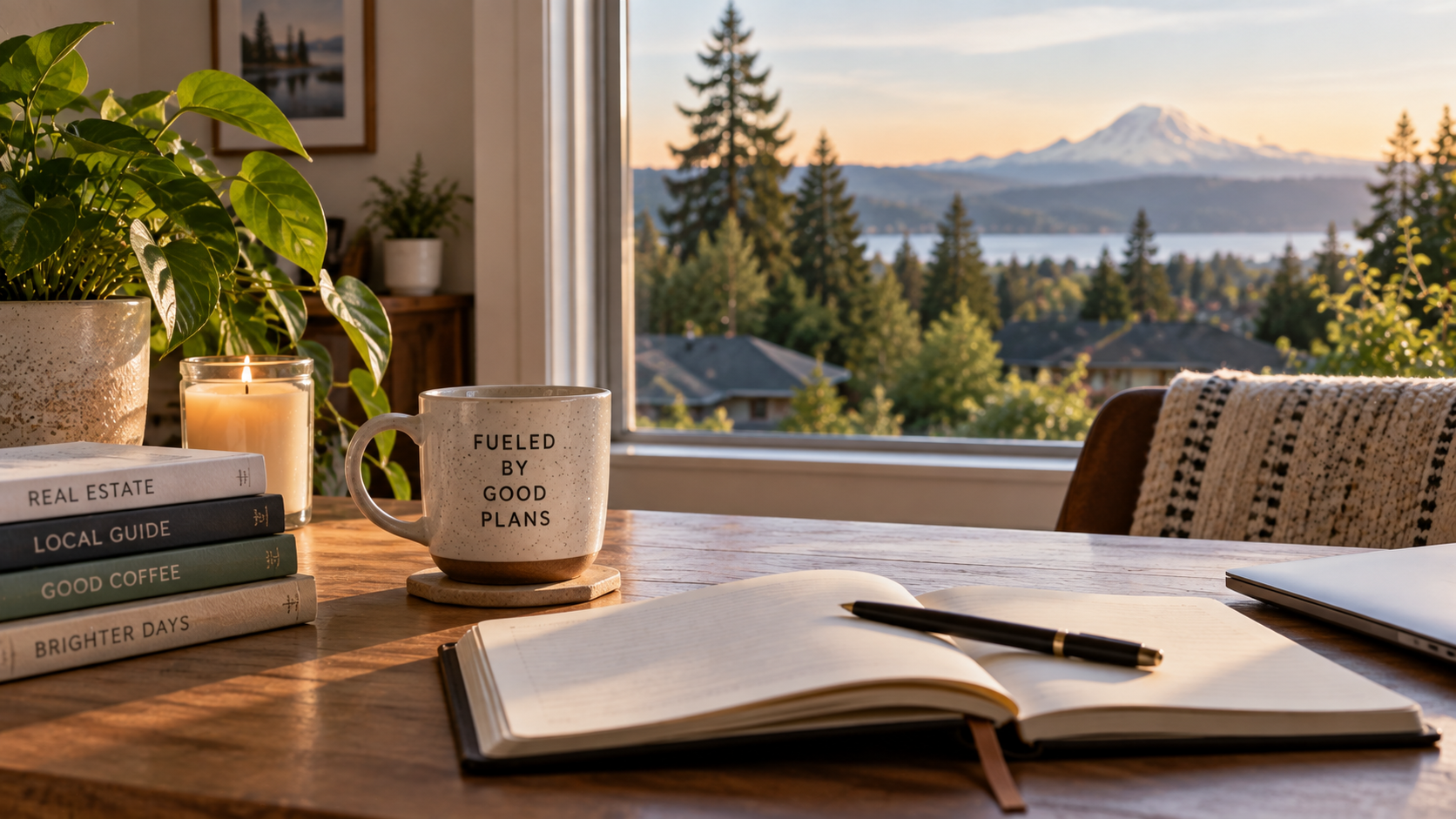 A cozy reading nook with real estate and local guide books, overlooking the lake and mountains