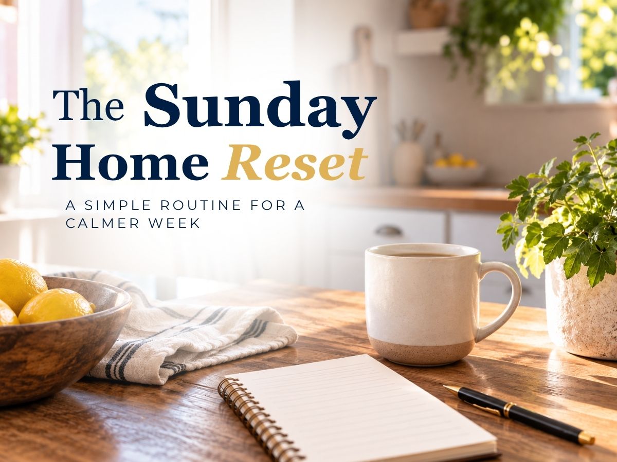 Cover graphic: The Sunday Home Reset, a simple routine for a calmer week, over a kitchen counter with a mug, lemons and a notebook