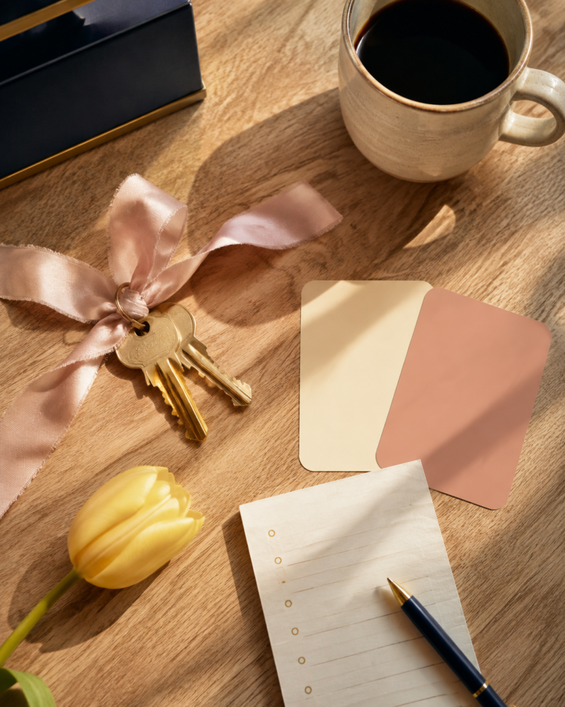 House keys tied with a pink ribbon, a coffee mug, paint swatches and a notepad on a wooden table