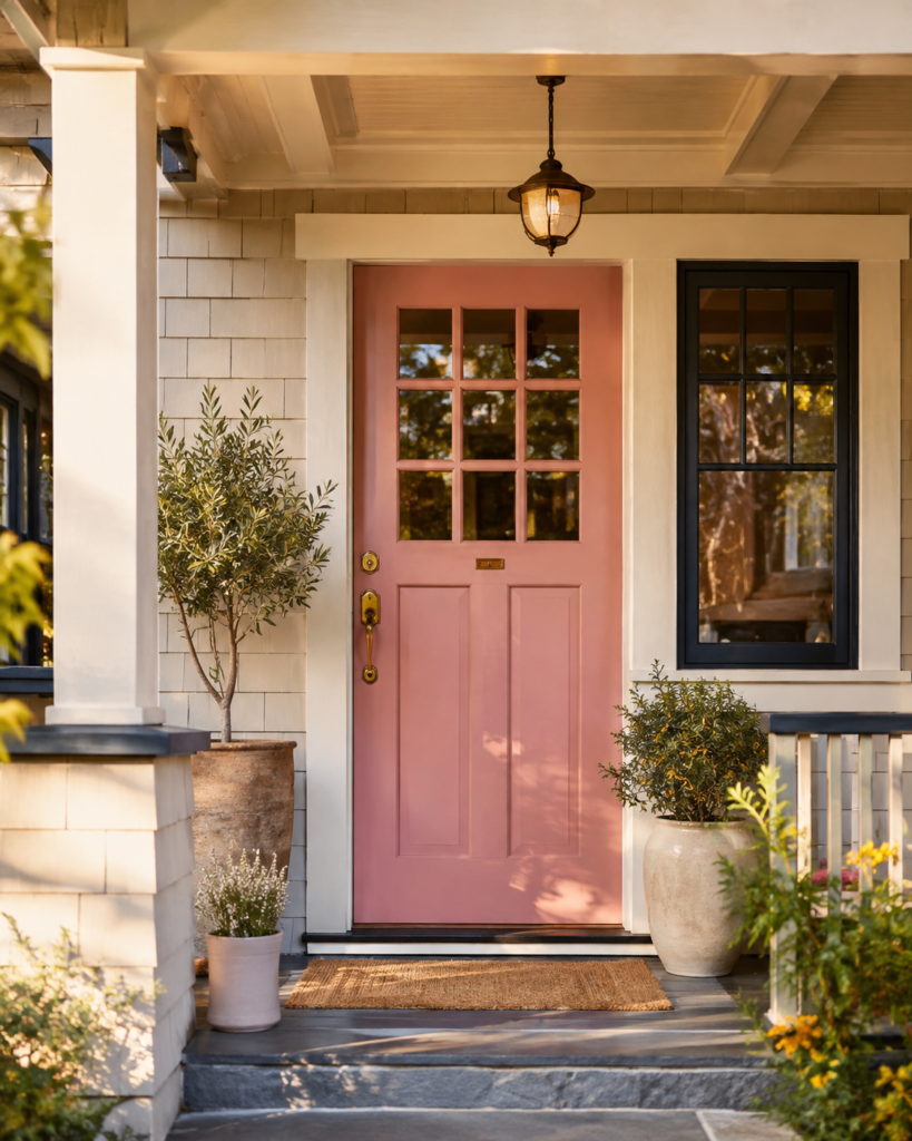 A freshly styled front door with lanterns and clipped topiaries