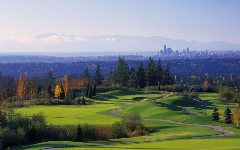 Fairway at The Golf Club at Newcastle looking toward the Seattle skyline